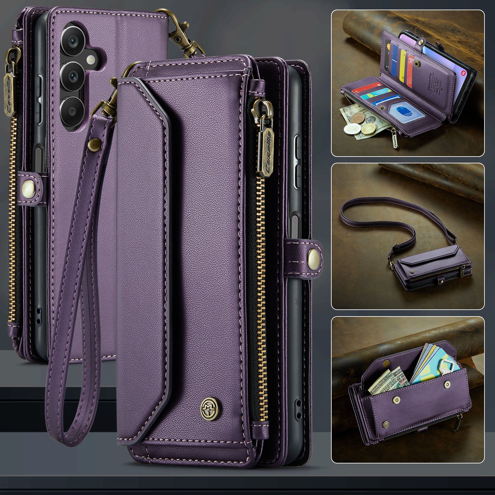 For Samsung Galaxy A16 5G / A16 4G Case CASEME C36 Series Zipper Wallet Leather Phone Cover with Straps - Purple For Samsung Galaxy A16 5G / A16 4G Case CASEME C36 Series Zipper Wallet Leather Phone Cover with Straps - Purple